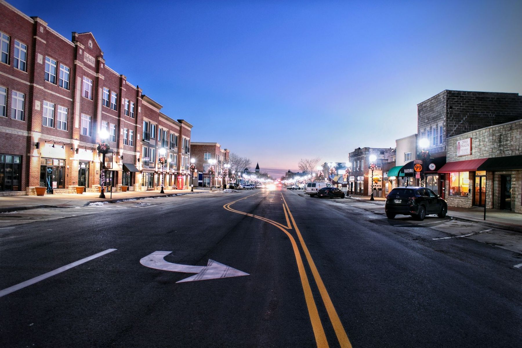 Small-town main street at dusk
